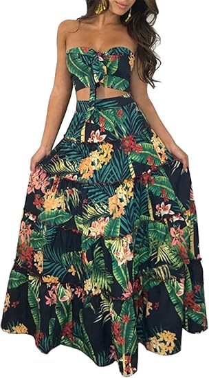 Photo 1 of SMALL EOSIEDUR Women's Chiffon Bohemian Floral Printed 2 Piece Sets Crop Cami Top & Split Beach Party Maxi Dress NEW WITHOUT TAGS**
