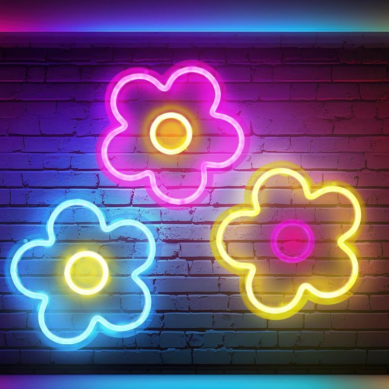 Photo 1 of 3 Pcs Flower Neon Sign LED Light Signs USB Powered Retro Flower Shaped Light up Sign for Wall Bedroom Home Shop Dormitory Wedding Birthday Party Decoration Girls, 9 x 9 Inches (Classic)
