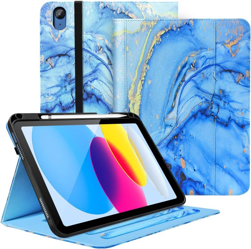 Photo 1 of for iPad 10th Generation Case 2022, iPad 10 th Gen 10.9 inch Protective Cover with Pencil Holder, Multi-Angle Viewing Stand, Pocket Design, Folio Leather Cases for Women Men, Marble Blue
