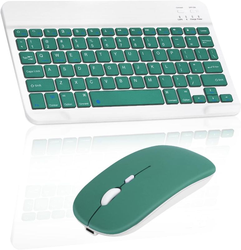 Photo 1 of Rechargeable Bluetooth Keyboard and Mouse Combo Ultra Slim Full-Size Keyboard and Ergonomic Mouse for Amazon Fire HD 10 Plus (2021) and All Bluetooth Enabled Mac/Tablet/iPad/PC/Laptop - Jade Green MISSING CHARGER***