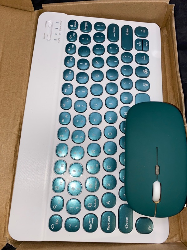 Photo 2 of Rechargeable Bluetooth Keyboard and Mouse Combo Ultra Slim Full-Size Keyboard and Ergonomic Mouse for Amazon Fire HD 10 Plus (2021) and All Bluetooth Enabled Mac/Tablet/iPad/PC/Laptop - Jade Green MISSING CHARGER***