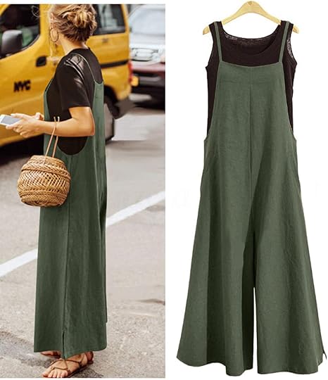 Photo 1 of 2XL YESNO Women Casual Loose Long Bib Pants Wide Leg Jumpsuits Baggy Cotton Rompers Overalls with Pockets PZZTYP2
