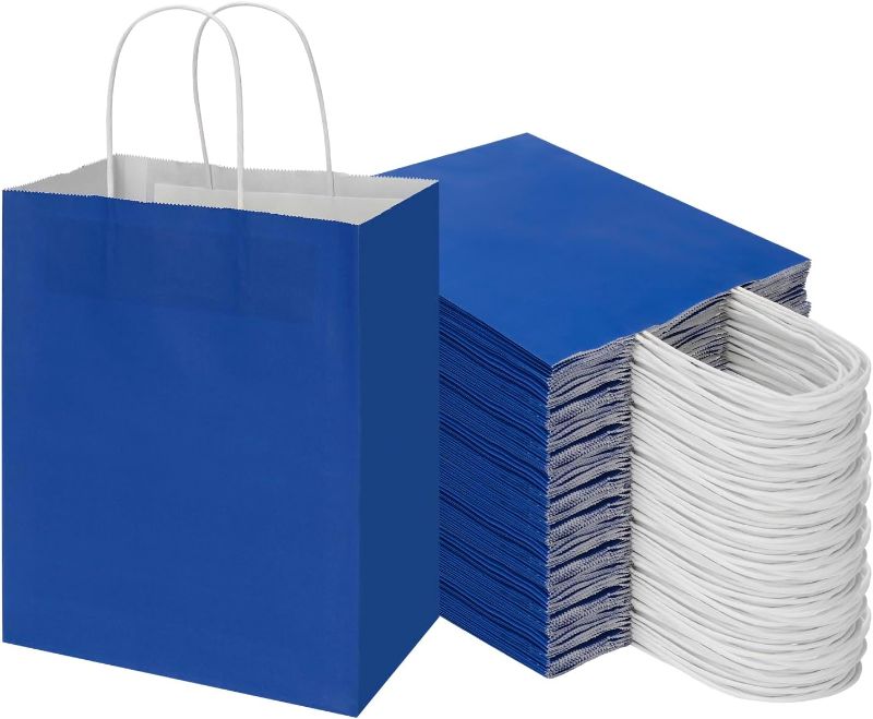 Photo 1 of 100 Pack 8x4.75x10 Inch Medium Royal Blue Kraft Paper Bags with Handles Bulk, Toovip Gift Wrap Bags for Favor Grocery Retail Party Birthday Shopping Business Goody Craft Merchandise Take Out Bags sacks OPEN BOX** LIKE NEW**
