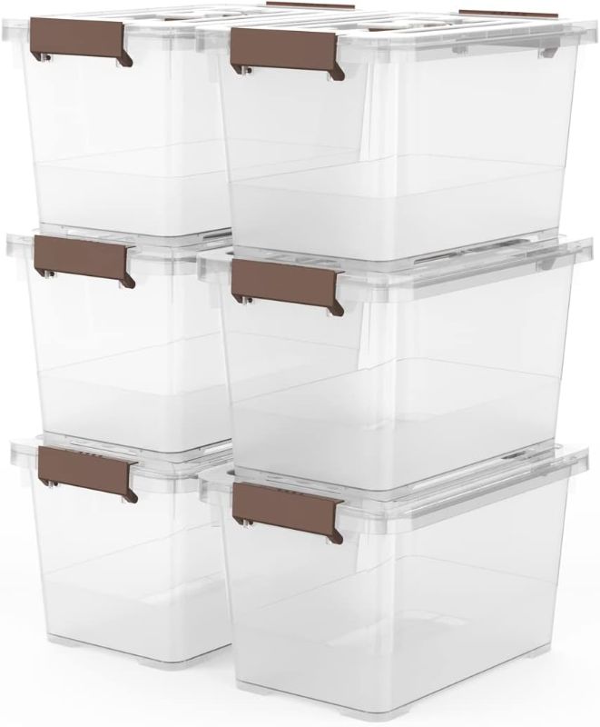 Photo 1 of WYT 6-Pack Clear 7 Quart Storage Latch Box/Bins, Plastic Stackable Latching Box with Brown Handle and Lid, Multi-Purpose, 7 Litre
