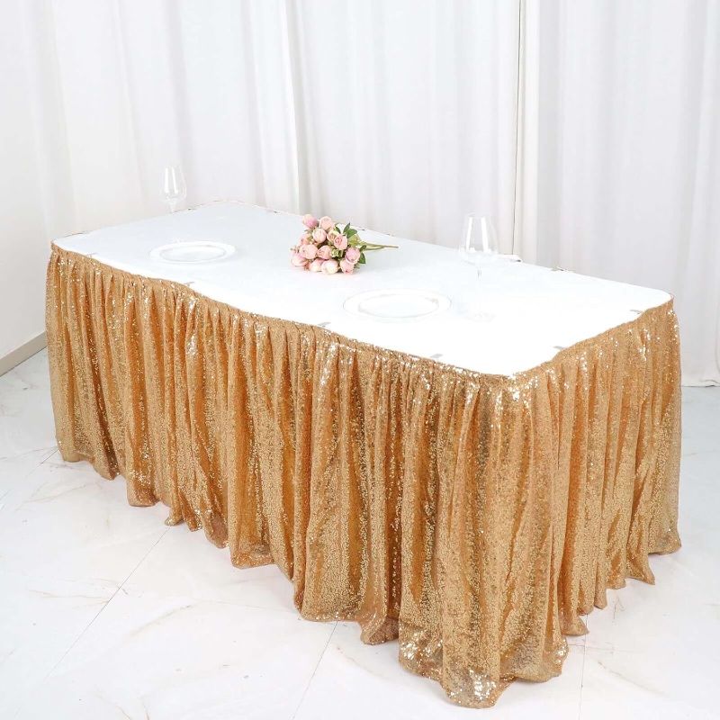 Photo 1 of Efavormart 8ft Sparkly Gold Sequin Pleated Satin Table Skirt With Top Strip
