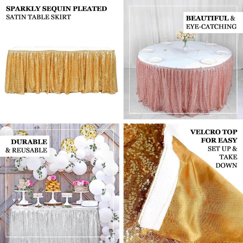 Photo 2 of Efavormart 8ft Sparkly Gold Sequin Pleated Satin Table Skirt With Top Strip
