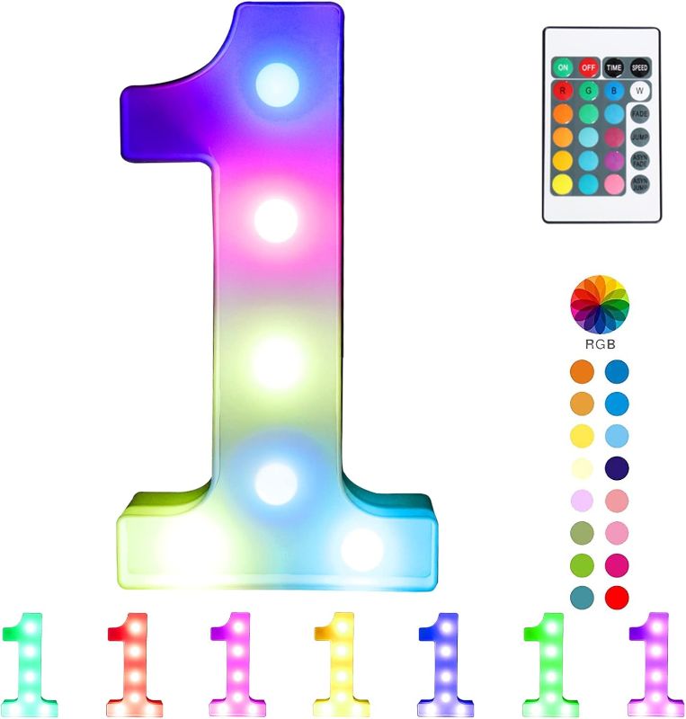 Photo 1 of Colorful Light Up Numbers with Remote,Color Changing LED Marquee Number Lights, Lighted Number Signs for Party Room Birthday Anniversary Wedding Decoration, Multicolor Number 1 (8.5in)