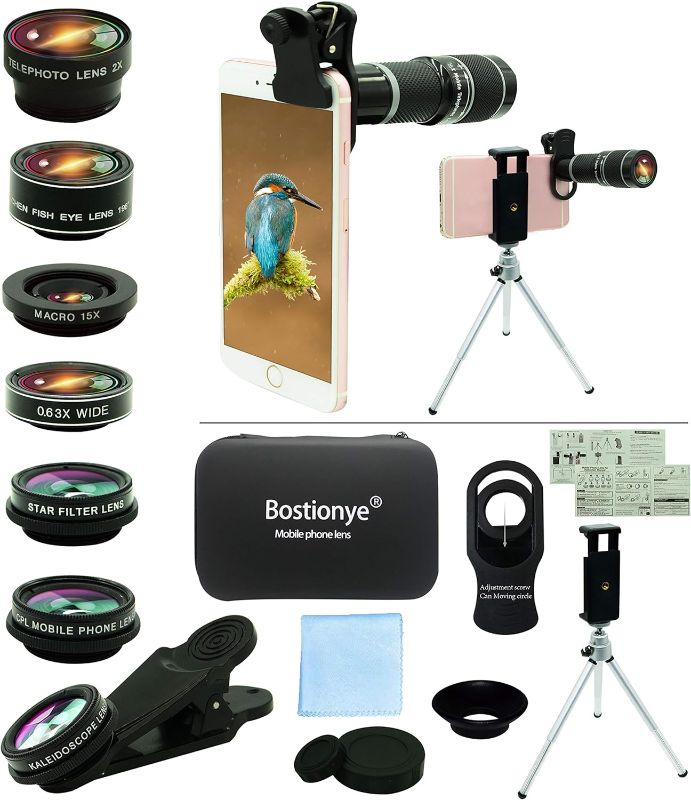 Photo 1 of Cell Phone Camera Lens Kit,11 in 1 Universal 20x Telephoto Lens,0.63Wide Angle+15X Macro+198°Fisheye+2X Telephoto+Kaleidoscope+CPL/Starlight/Eyemask/Tripod,for Most iPhone Smartphone (Black)
