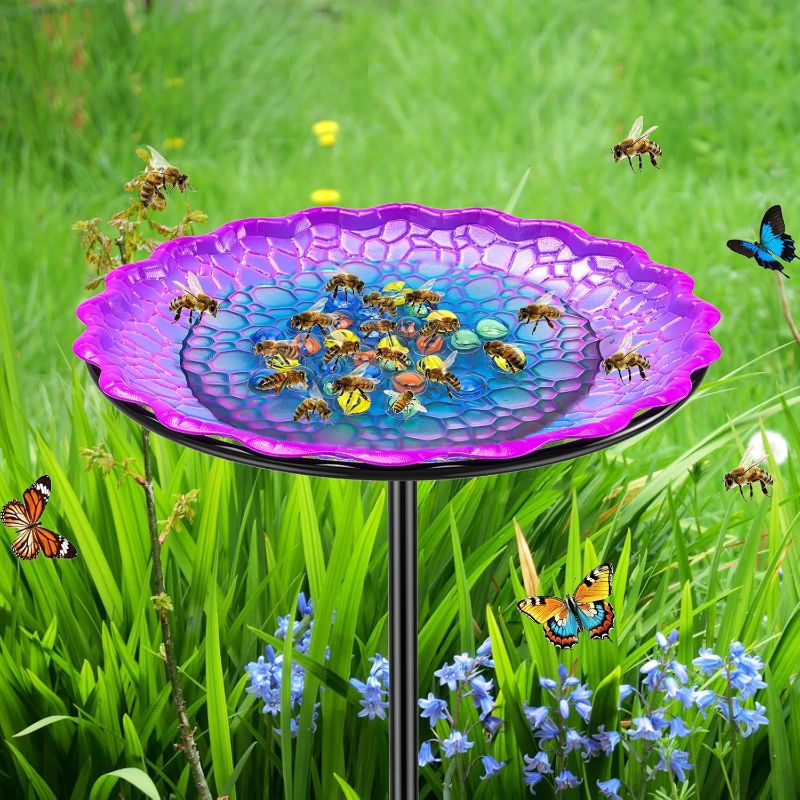 Photo 1 of Bee Butterflies Watering Station, Standing Bee Feeder with Glass Marbles for Outside, Bee Bath Feeder with Metal Stakes Butterfly Puddler Garden Yard Déco DESIGN MAY VARY** 
