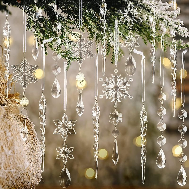 Photo 1 of 18pcs Christmas Tree Decoration Crystal Ornaments - Hanging Acrylic Christmas Snowflake Icicle Drop Crystal Ornaments for Christmas Tree Winter New Year Party Supplies
