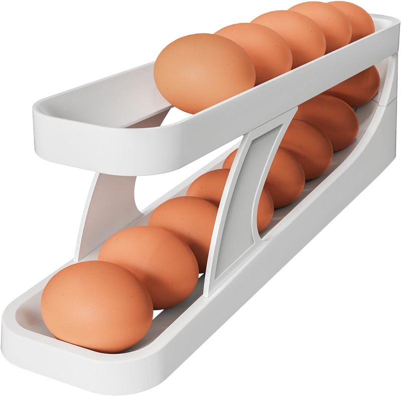 Photo 1 of CHANCETSUI Automatic Rolling Egg Dispenser 2-Tier, Egg Holder for Refrigerator, Egg Container for Refrigerator Space-Saving for Fridge & Countertop and Organizer for Kitchen Fridge Egg Storage Tray
