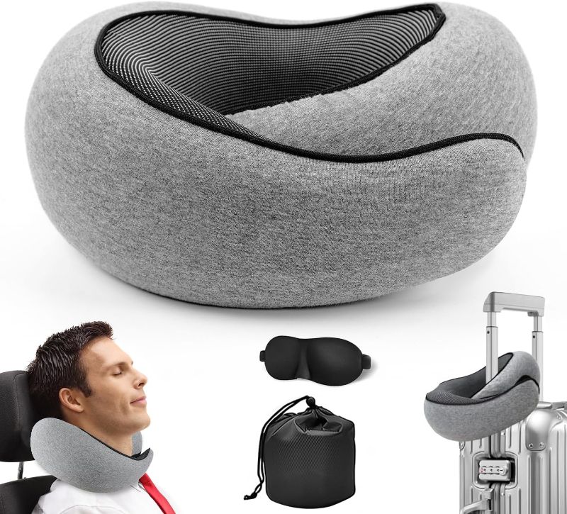Photo 1 of Travel Neck Pillow for Sleeping: Adjustable Memory Foam Travel Pillow with Eye Masks and Earplugs, Neck Pillow 360° Head Support, Portable Travel Essential for Plane, Train, Car, Office (Light gray)USED**
