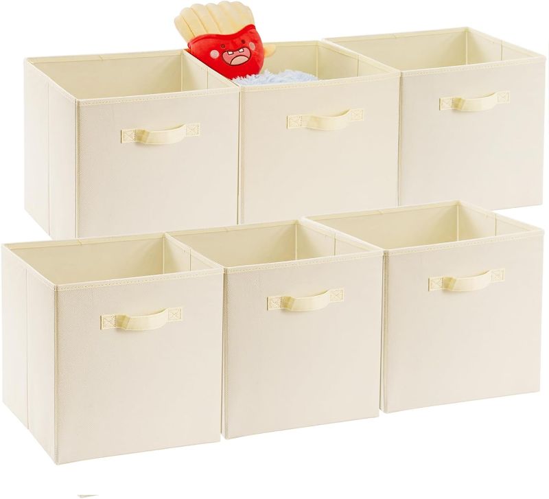 Photo 1 of 13 inch Storage Cubes Bins 6 Pack, Foldable Fabric Cube Storage Bins 13x13x13 inch with Handle, Collapsible Storage Bins for Cabinet and Shelf, Cubical Storage Boxes for Closet Storage, Beige
