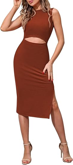 Photo 1 of MEDIUM TOLENY Women's Midi Bodycon Dress Casual Crew Neck Regular Fitted Summer Cutout Dress
