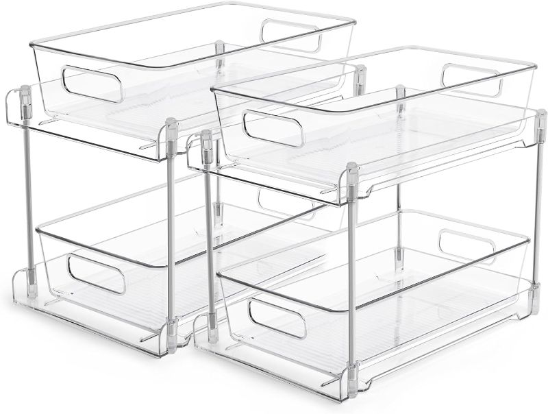 Photo 1 of Vtopmart 2 Tier Bathroom Storage Organizer, 2 Pack Clear Under Sink Organizers Vanity Counter Storage Container, Medicine Cabinet Drawers Bins, Pull-Out Organization with Track for Pantry, Kitchen ONE LID DAMAGED** LIKE NEW**
