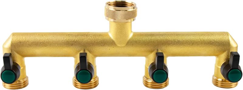 Photo 1 of Brass Garden 4 Way Hose Splitter, Water Hose Splitter 4 Way Heavy Duty with 4 Individual Ball Valves, GHT 3/4" Female Inlet to 4-Way 3/4" Male Outlets, for Regulating & Shutting Off Water Flow
