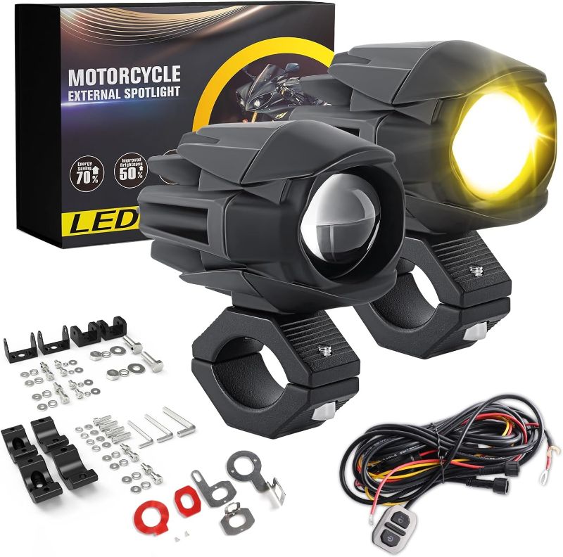 Photo 1 of ** FINAL SALE ** BraveWAY Motorcycle Fog Lights 60W 18000LM 7 Modes Strobe LED Driving Spotlight Auxiliary with Amber White Dual Color Offroad Aux Light Plug and Play Wiring Harness Kit and 2 Mounting Brackets MISSING HEADLIGHT **FOR PARTS ONLY ** - ** SO