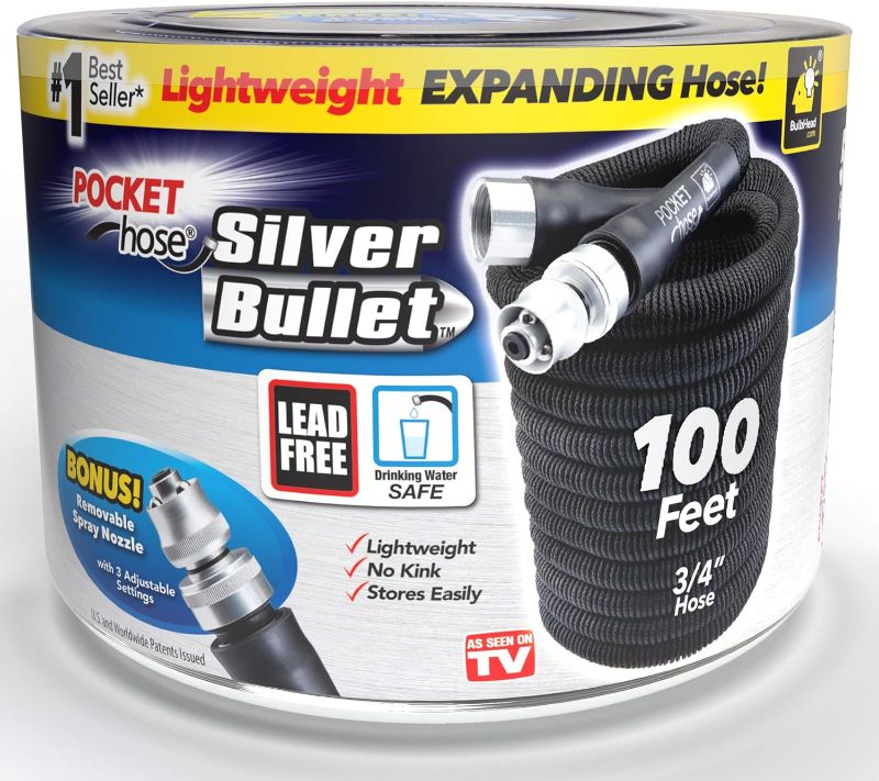 Photo 1 of Pocket Hose Silver Bullet 100 ft Turbo Shot Nozzle Multiple Spray Patterns Expandable Garden Hose 3/4 in Solid Aluminum Fittings Lightweight and No-Kink
