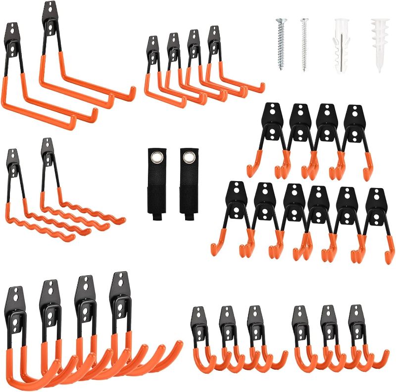 Photo 1 of 30 Pack Garage Hooks Steel Heavy Duty Garage Storage Hooks Utility Steel Wall Mount Garage Hanger&Organizer for Bikes,Garden Tools, Ladders, Bulk Items?Ropes and More Equipment
