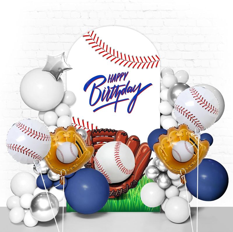 Photo 1 of Baseball Arch Backdrop Stand Cover 7.2ft Sports Baseball Spandex Arch Cover Backdrop Fabric 2-Sided Birthday Round Top Backdrop Covers for Boys Baby Shower Birthday Party Background USED**
