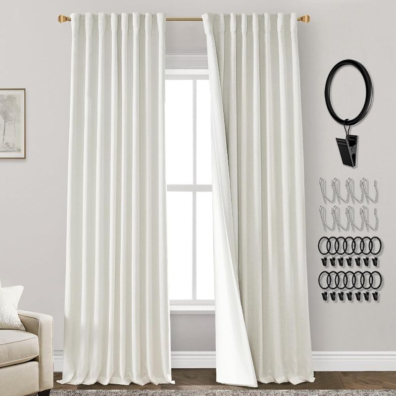 Photo 1 of Cream Linen Blackout Curtains for Bedroom 84 Inch Length 2 Panels Set,Black Out Pleated Back Tab Room Darkening Insulated Thermal Curtains for Winter Living Room 84 Inches Long,Ivory Colored
