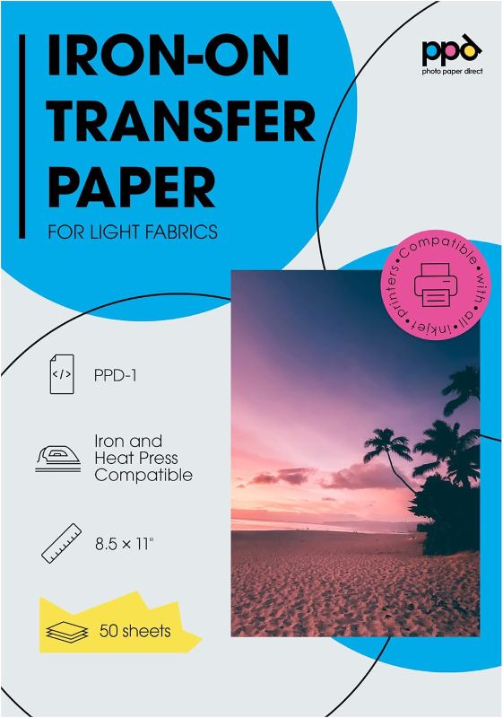 Photo 1 of PPD Iron on Transfer Paper for Inkjet Printer for Light Fabric, 8.5 x 11 Printable Paper for T Shirts and Cotton, Heat Transfer, Washable (50 Sheets)
