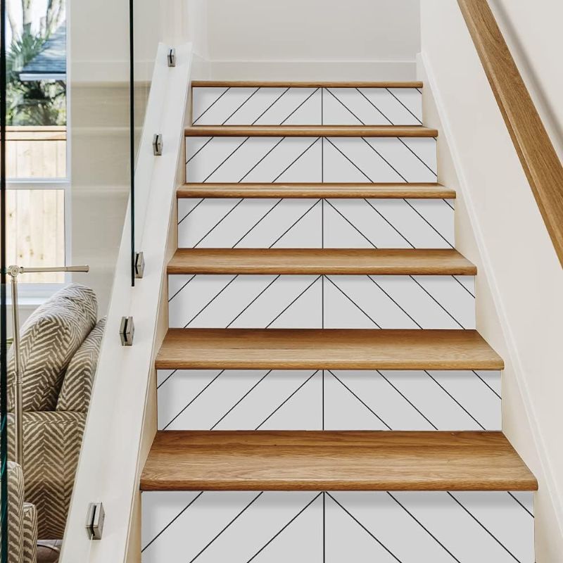 Photo 1 of funlife 15Pcs Scandinavian Style Peel and Stick Vinyl Stair Risers Stickers, 39.37"x7.09" White Herringbone
