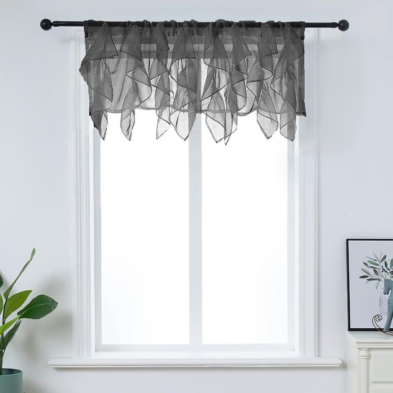 Photo 1 of PearAge Ruffled Voile Semi Sheer Curtain Valance, Kitchen Living Room Shabby Chic Ruffle Valance Curtains, Girls Daughters Bedroom Cascade Window Valance Black 50x16 Inches
