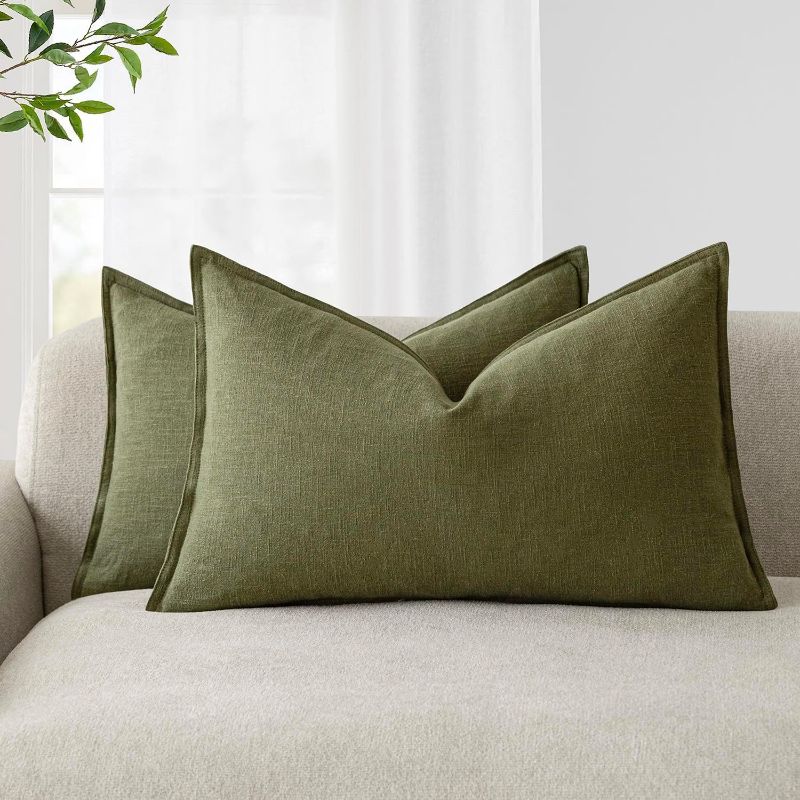 Photo 1 of Foindtower Pack of 2, Decorative Linen Soild Throw Pillow Covers Soft Accent Lumbar Cushion Case Boho Farmhouse Pillowcase for Chair Couch Sofa Bedroom Living Room Home Decor 12 x 20 Inch Olive Green
