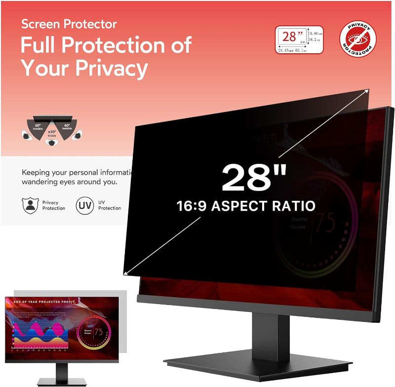 Photo 1 of BERSEM 28 Inch Monitor Computer Privacy Screen Filter for 16:9 Ratio Removable Monitor Anti-Glare & Privacy Filters for 28 Inch, Anti Blue Light, Anti-Spy, Anti-Scratch, UV-Blocking
