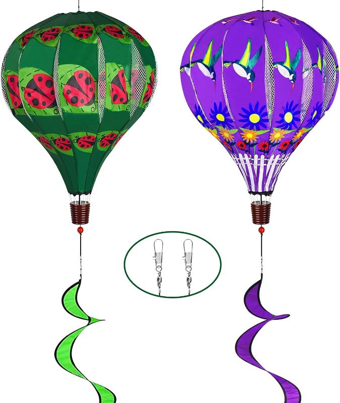 Photo 1 of 2 PCS Giant Hot Air Balloon Wind Spinners 59 inch Garden Wind Spinner Large Hummingbird Ladybug Spinners Hanging Wind Socks Twisted Whirligig Windmill for Yard Garden Lawn Outdoor Decorations DESIGN MAY VARY** NEW 
