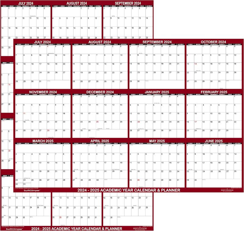 Photo 1 of 24" x 36" SwiftGlimpse 2024-2025 Academic Wall Calendar, Erasable, Large, Wet & Dry Erase Laminated, Reversible, Yearly Planner, JULY 2024 to JUNE 2025 ONLY
