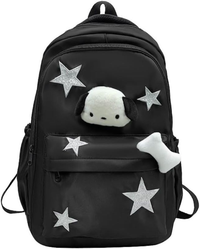 Photo 1 of JHTPSLR Preppy Backpack with Plushies Y2K Aesthetic Backpack Sparkling Silver Stars Backpack Book Bags Cute Aesthetic Backpack (Black)
