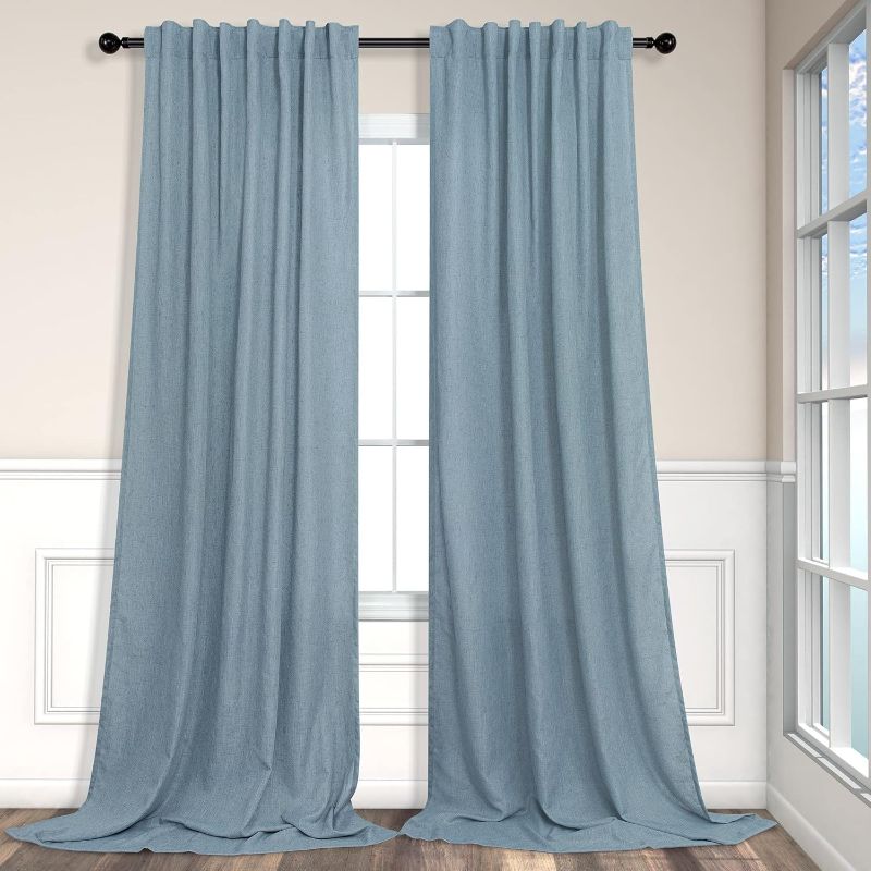 Photo 1 of Pitalk Stone Blue Linen Blend Sheer Curtains Back Tab 52 Width by 90 Length Set of 2 Panels Rod Pocket Drapes for Living Room Family Sitting Room Sunroom Cottage Core Decor Blue Curtains for Boys Room
