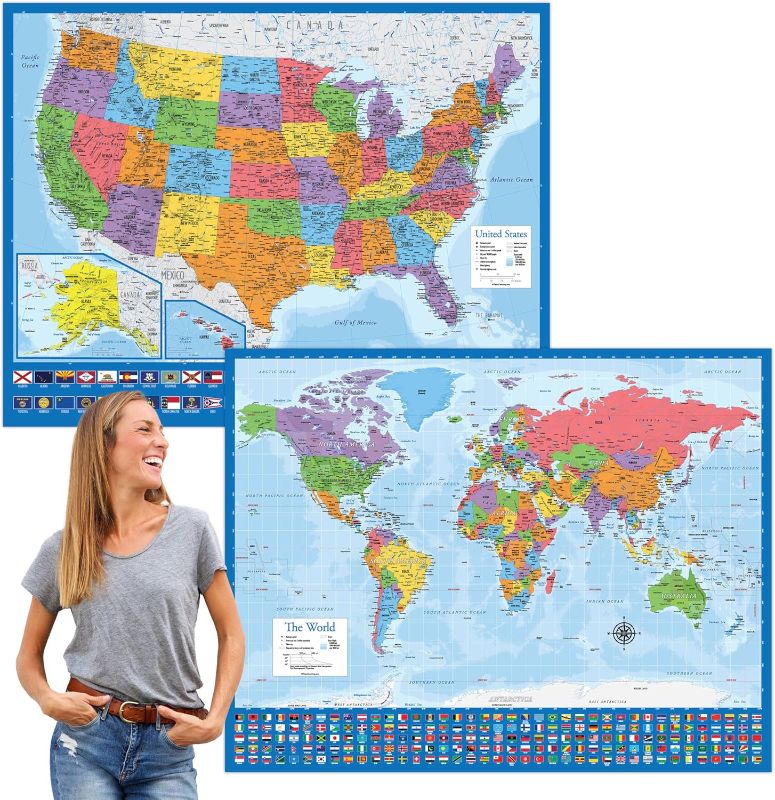 Photo 1 of 2 Pack - Giant World Map & US Map Poster Set - Extra Large Mega Chart of the World & United States - Laminated - 46" x 60" [Blue] FACTORY SEALED**
