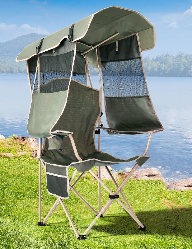 Photo 1 of Folding Camping Chair with Shade Canopy for Adults, Canopy Chair for Outdoors Sports with Cup Holder, Side Pocket for Camp, Beach, Tailgates, Fishing - Support 330 LBS
