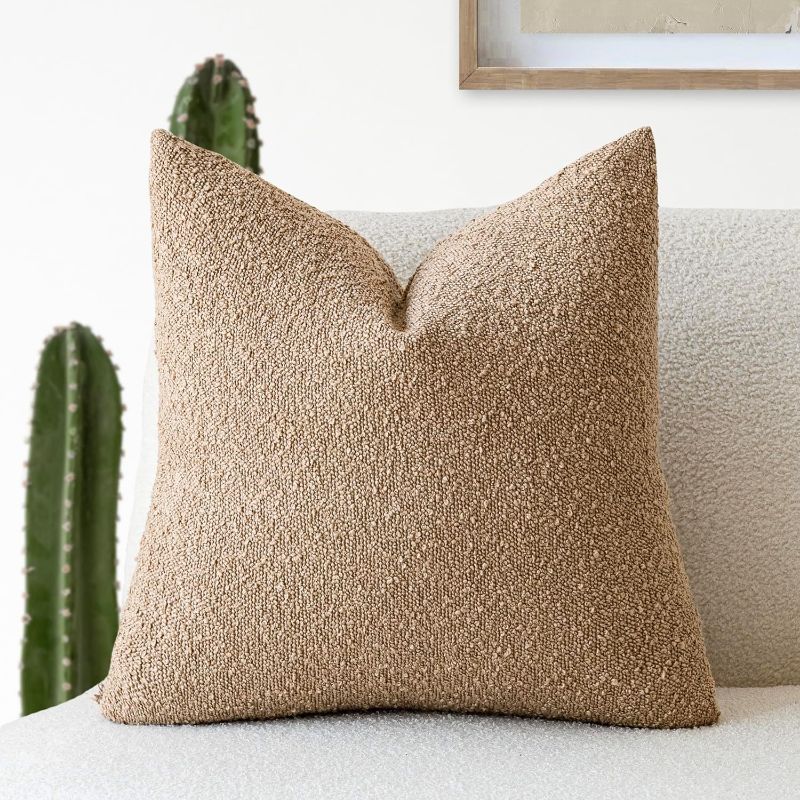 Photo 1 of Foindtower Decorative Textured Boucle Throw Pillow Covers Accent Solid Pillow Cases Neutral Soft Cozy Couch Cushion Case for Chair Sofa Bedroom Living Room Home Decor 24 x 24 Inch,Taupe Khaki Camel
