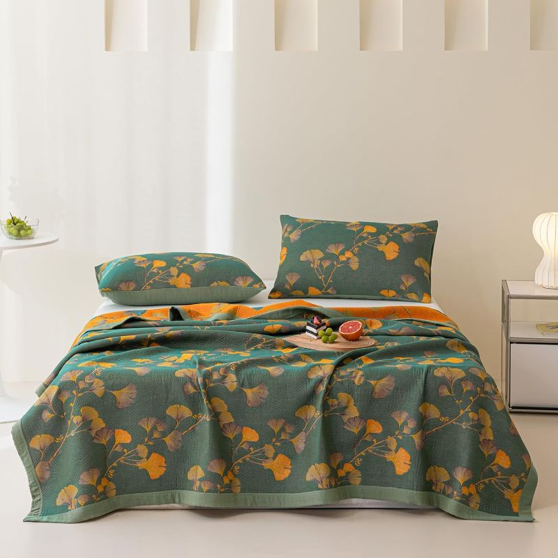 Photo 1 of King - 100% Cotton Jacquard Quilt Floral Ginkgo Leaves Print,Soft Muslin Bed Cover 3 Layers Reversible Bedspread Coverlet Breathable Lightweight Bedding,King(98"x94"), No Pillow Sham
