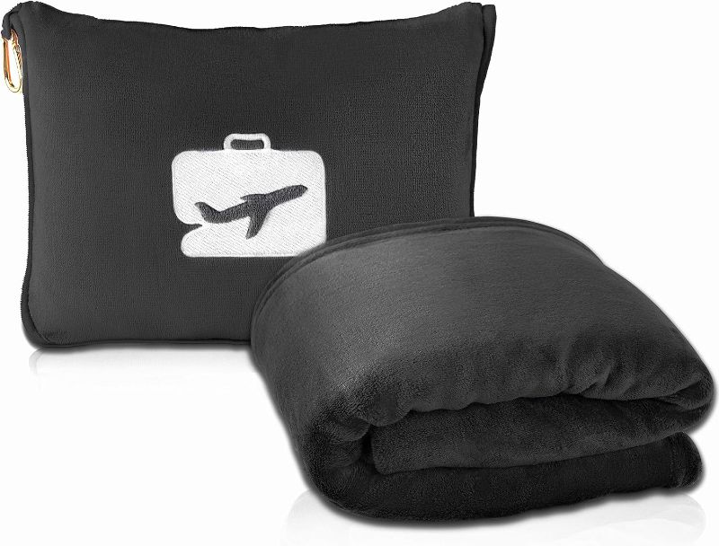 Photo 1 of EverSnug Travel Blanket and Pillow - Premium Soft 2 in 1 Airplane Blanket with Soft Bag Pillowcase, Hand Luggage Sleeve and Backpack Clip (Black)
