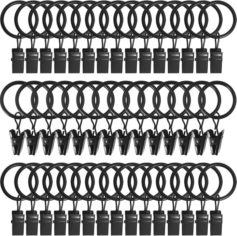 Photo 1 of AMZSEVEN 44 Pack Metal Curtain Rings with Clips, Drapery Clips with Rings, Drapes Rings 1 in I D, Fits Diameter 6/8 in Curtain Rod, Black
