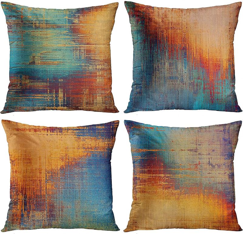 Photo 1 of Emvency Set of 4 Throw Pillow Covers Vintage Abstract Blue and Orange Messy Rust Painting Decorative Pillow Cases Home Decor Standard Square 16x16 Inches Pillowcases
