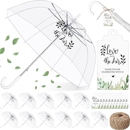 Photo 1 of Aliceset 12 Sets Wedding Umbrella with Tags Clear Umbrellas Bulk and Twine Love Is in the Air Large Bubble Transparent Umbrella Rain Windproof J Hook Handle Auto Open Stick Umbrella for Bridal Shower

