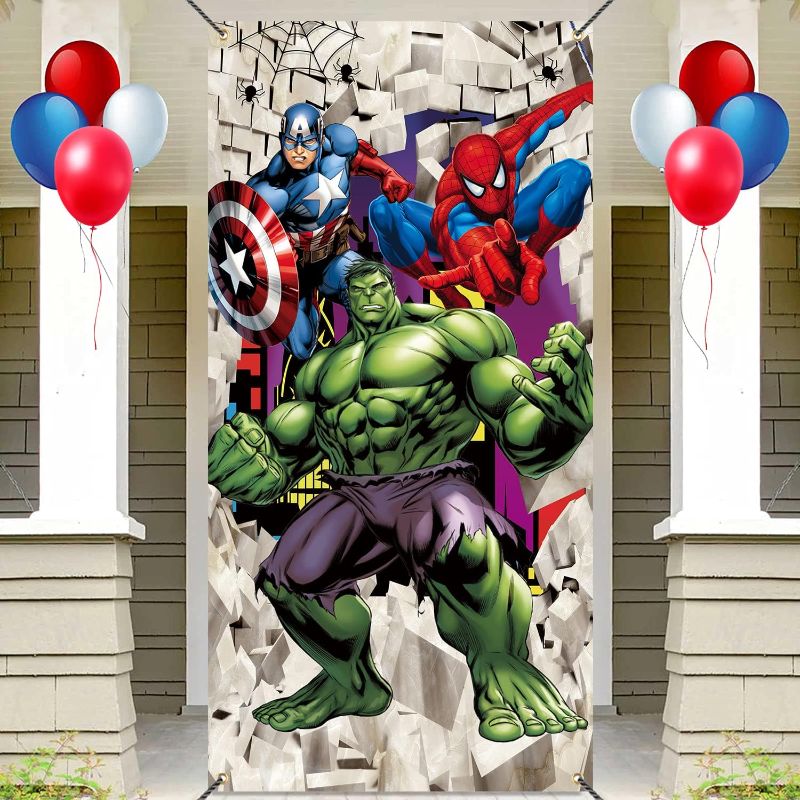 Photo 1 of Hero Boys Birthday 0.9x1.8m Door Cover Banner Hero White Brick Wall Porch Sign Decoration Boys Children Birthday Party Indoor Outdoor Yard Supplies Photo Booth Props
