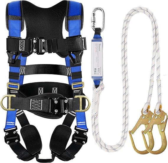 Photo 1 of TRSMIMA Safety Harness Fall Protection - Roofing Harness Kit Men Full Body Construction Harness with Lanyard for Work Upgrade 4 Quick Buckles
