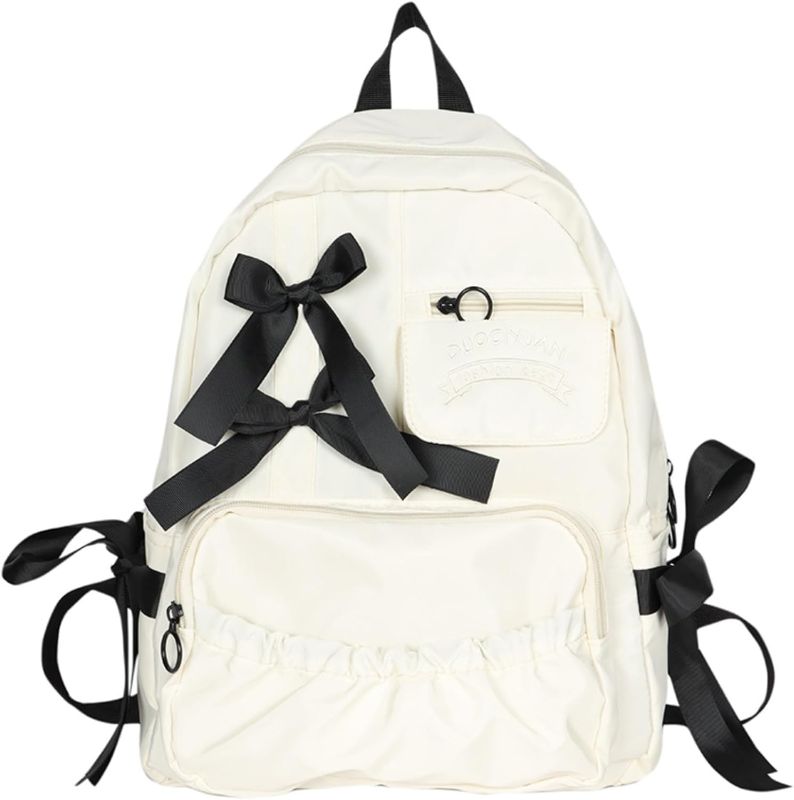 Photo 1 of Backpack with Attached Bow-Knots - Ideal for Day-to-Day Use, Kawaii Backpack, Y2k, Aesthetic Cute Backpack (White) DAMAGED**
