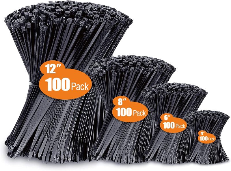 Photo 1 of Bolt Dropper 4", 6", 8" Zip Tie Kit - 400 Pack Zip Ties Assorted Sizes in Black & White - 18lb to 50lb Tensile Strength Self-Locking Premium Nylon Cable Ties for Indoor and Outdoor
