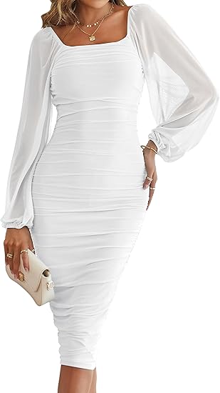 Photo 1 of LARGE MEROKEETY Women's Long Puff Sleeve Ruched Bodycon Dress Square Neck Mesh Cocktail Party Midi Dresses
