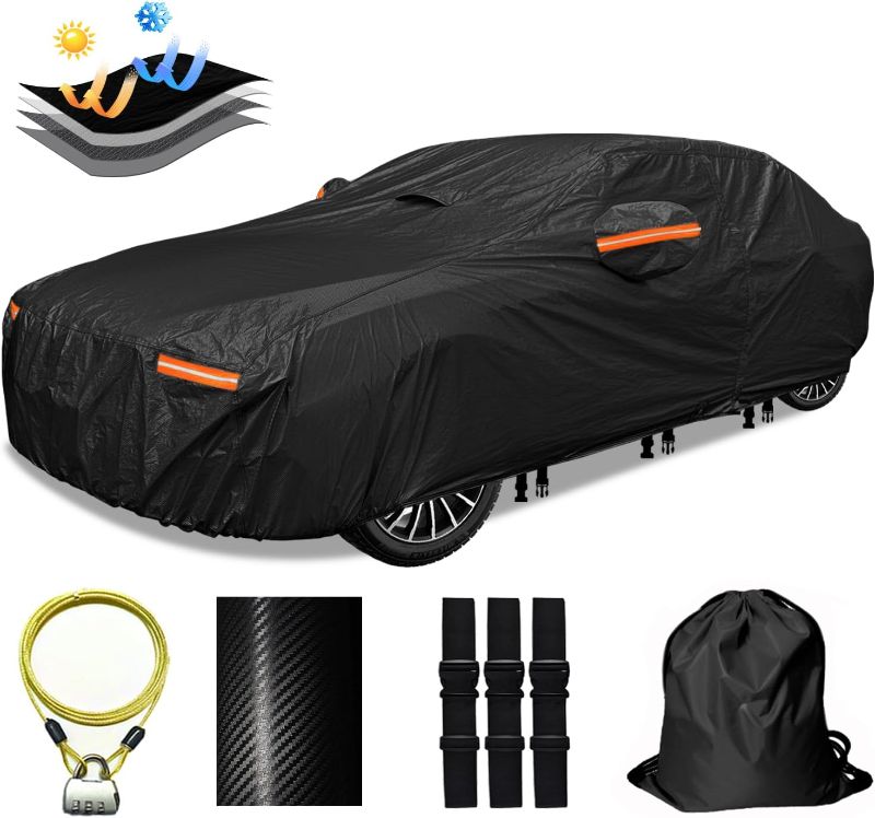 Photo 1 of 30 Layers Car Cover for Automobiles All Weather Waterproof, Outdoor Snowproof UV Protection Windproof, Door Zipper, Soft Cotton, Heavy Duty Universal Car Covers, (Black, Fit Sedans 171"-180")
