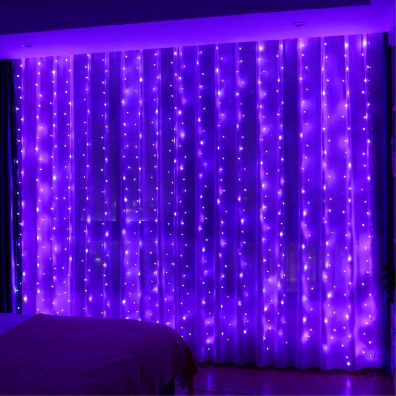 Photo 1 of WATERGLIDE 400 LED Curtain Lights, Remote Control Halloween Decorative Hanging String Lights, 8 Lighting Mode, Plug in for Indoor Outdoor Xmas Holiday Party Garden Backdrop Wedding Home Decor, Purple
