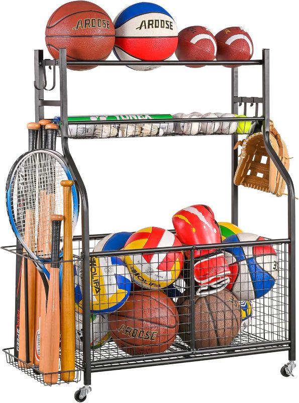Photo 1 of Mythinglogic Sports Equipment Garage Organizer,Garage Ball Storage for Sports Gear and Toys, Rolling Ball Cart with Wheels for Indoor/Outdoor Use

